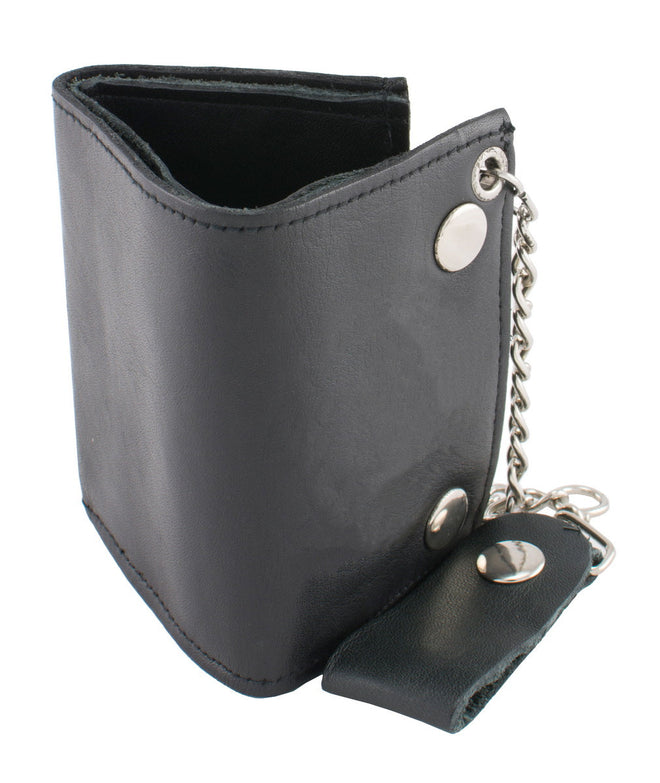 Milwaukee Leather men's black leather tri-fold wallet with steel chain, compact design and secure closure.