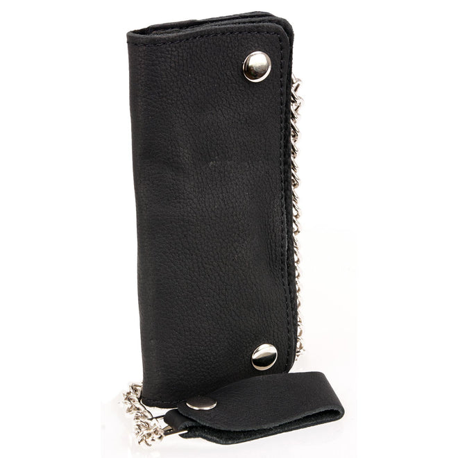 Milwaukee Leather men's 7.5-inch black leather biker wallet with bi-fold design and stainless steel anti-theft chain.