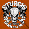 2022 Sturgis Motorcycle Rally SPB1011 Menâ€™s Skull And Checkered Flag Orange T Shirt