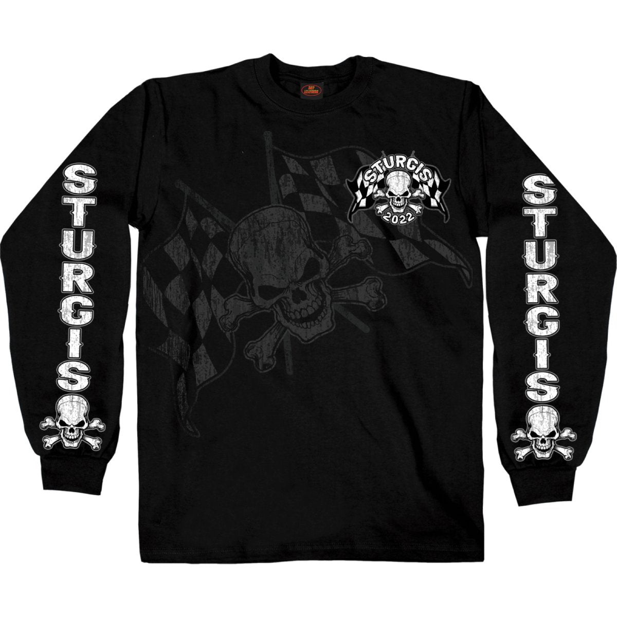 Men's black long sleeve textile shirt by Hot Leathers featuring skull and checkered flag design for the 2022 Sturgis Motorcycle Rally.