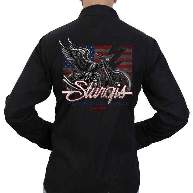 Men's black Sturgis 2023 Chopper Flag flannel shirt by Hot Leathers, featuring a bold motorcycle event-themed design.
