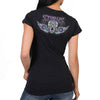 Women's black Sturgis 2023 antique sugar skull T-shirt by Hot Leathers, featuring bold skull and event-themed graphic.