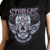 Black Women's Sturgis 2023 Hot Leathers Sugar Skull T-shirt featuring vintage-inspired skull graphic and event date.
