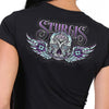 Hot Leathers Women's Black Sturgis 2023 Antique Sugar Skull T-Shirt, event-dated graphic tee with skull design.