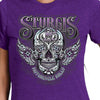 Women's Heather Purple 2023 Sturgis Hot Leathers antique sugar skull T-shirt, featuring bold graphic design and event-themed style.