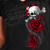 Black Women's Sturgis Rally Skull Rose T-Shirt by Hot Leathers featuring a bold skull and rose graphic for 2023 event.