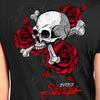 Women's black Hot Leathers Sturgis Rally skull rose T-shirt, 2023 event-dated shirt with graphic design.