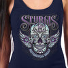 Women's navy tank top by Hot Leathers with Sturgis antique sugar skull design, featuring text and textile fabric.