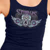 Women's navy tank top by Hot Leathers featuring a Sturgis antique sugar skull design, made from lightweight textile fabric.