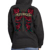 Black Women's Sturgis Rose Wings Hoodie by Hot Leathers featuring embroidered rose wing design and casual textile style.