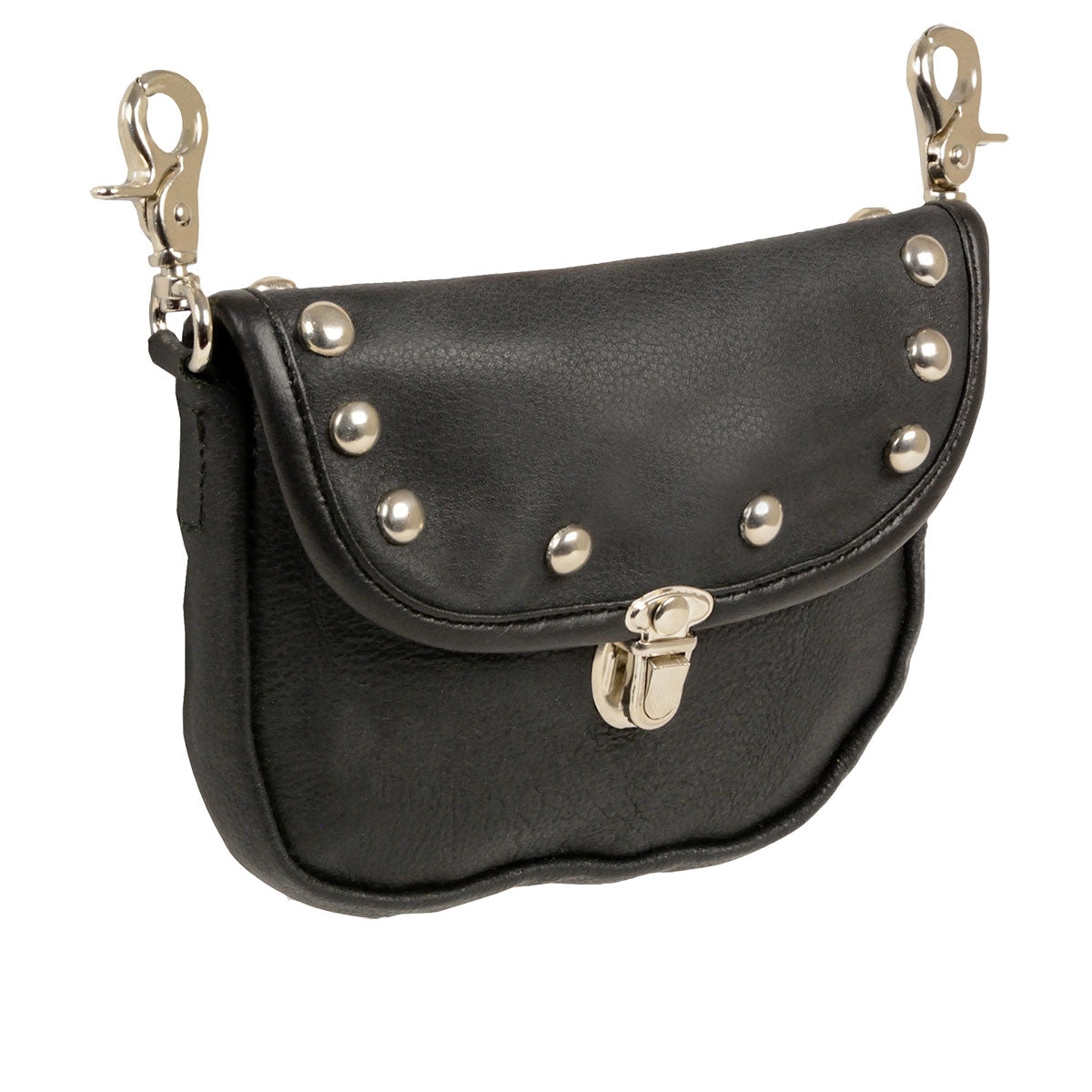 Milwaukee Leather studded belt bag with flap and belt clasps, designed for clip, thigh, and fan bag styles.