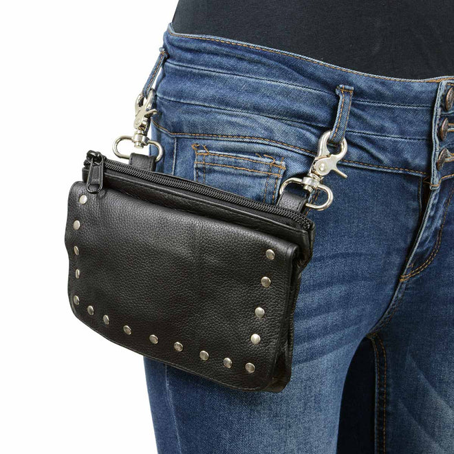 Milwaukee Leather women's black studded leather hip belt bag with adjustable strap and metal stud accents.