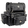 Milwaukee Leather MP8100S black PVC two-piece studded motorcycle touring pack and sissy bar bag on a bike.
