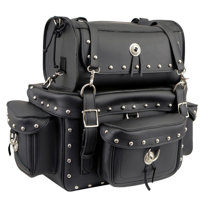 Milwaukee Leather MP8100S black PVC two-piece studded motorcycle touring pack and sissy bar bag on a bike.