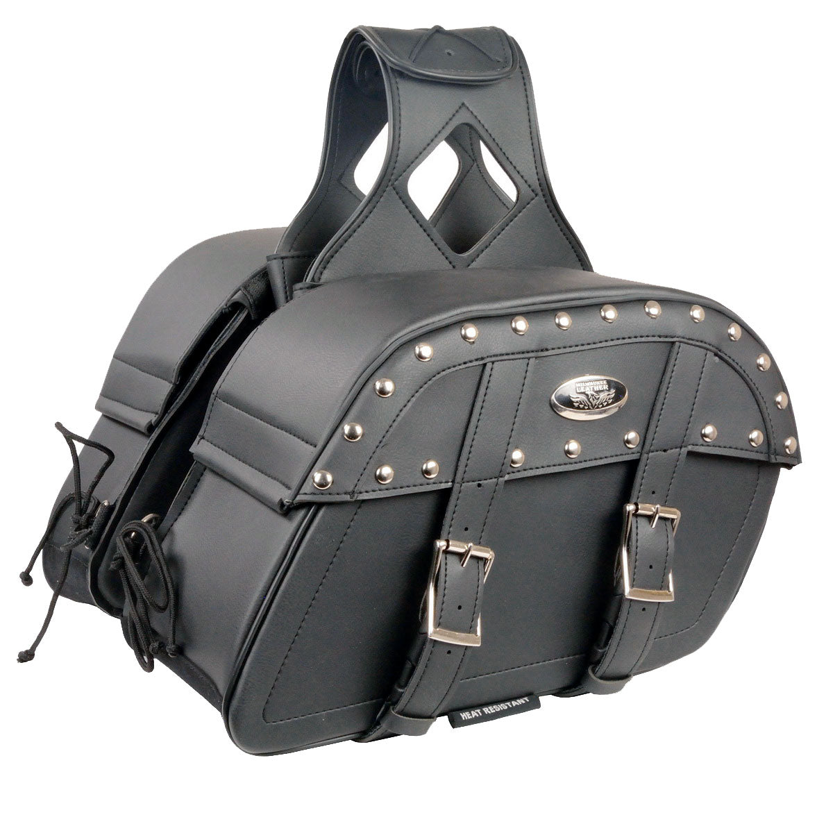 Milwaukee Leather MP8330 black medium zip-off PVC studded biker saddle bags with throw-over design and metal stud accents.