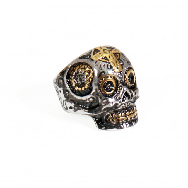 Hot Leathers stainless steel sugar skull ring with intricate skull design, perfect for accessories and bold style statements.