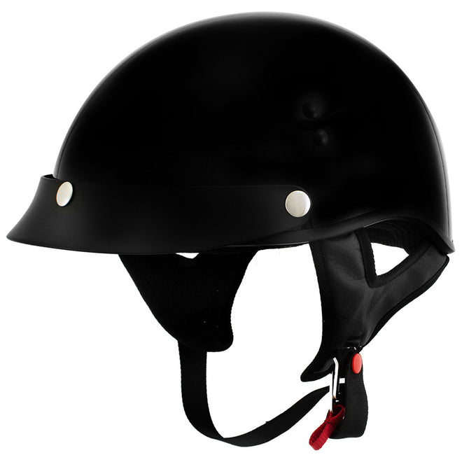 Glossy black Hot Leathers HLT70 'Stealth' motorcycle half helmet with DOT skull cap design, featuring a classic helmet style.
