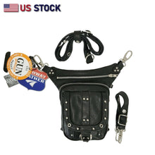 Black leather thigh drop leg bag with gun holster, waist fanny pack, and messenger style by Buffalo Leather Gear.