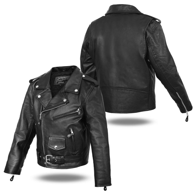 Kids leather motorcycle jacket by Buffalo Leather Gear, traditional side lace design, suitable for boys and girls.