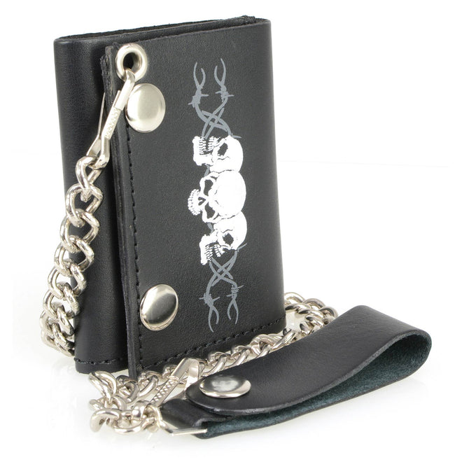 Milwaukee Leather men's 4-inch leather "Triple Skull" tri-fold wallet with anti-theft stainless steel chain, featuring detailed skull designs.