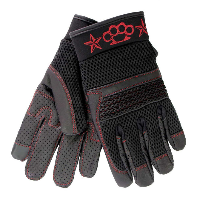Black Hot Leathers Uni-Sex Brass Knuckles leather and mesh gloves with i-Touch screen, designed for both men and women.