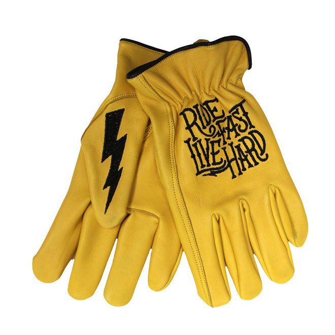 Unisex gold deer skin leather gloves by Hot Leathers with bolt design, showcasing soft leather and stylish craftsmanship.