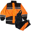 Unisex orange and black Hot Leathers waterproof rain suit with hood, front zipper, and adjustable cuffs for outdoor protection.