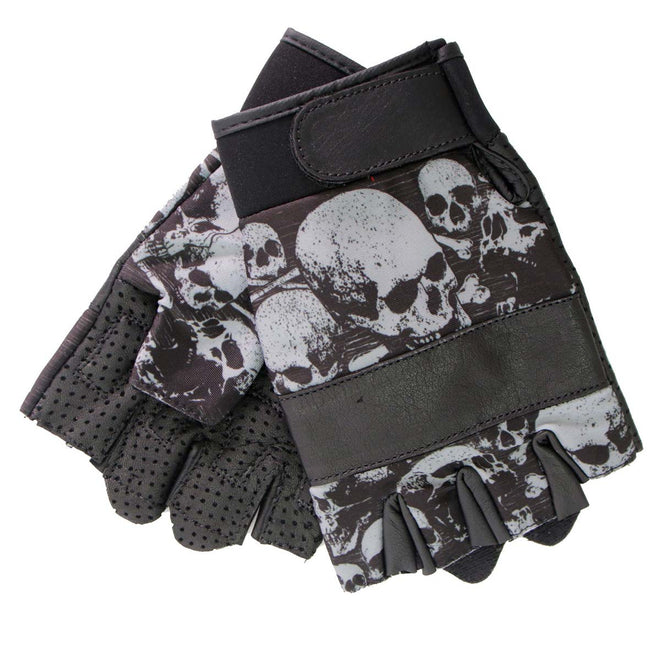 Black leather fingerless gloves with skull designs, GVM3009 Uni-Sex Ancient Skulls gloves by Hot Leathers, showing detailed skull motifs.