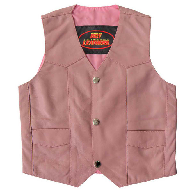 Pink leather toddler biker vest for girls by Hot Leathers, featuring a stylish kids' clothing design and biker-inspired details.