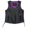 Black leather vest for women with Fleur De Lis Cross design by Hot Leathers, featuring a stylish and fitted silhouette.
