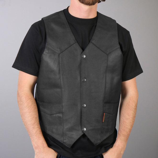 Men's black heavyweight leather vest by Hot Leathers with inside pocket, featuring a classic design and durable construction.