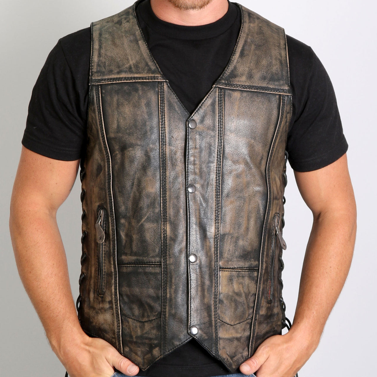 Hot Leathers VSM1029 Men's Distressed Brown 10 Pocket 'Conceal and Carry' Leather Vest