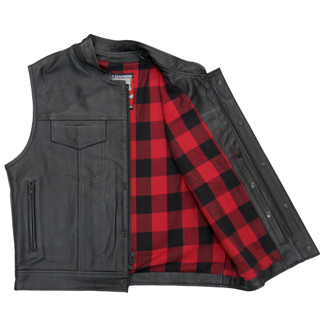 Hot Leathers VSM1060 Men's Black 'Flannel Red' Utility-Pocket Leather Vest
