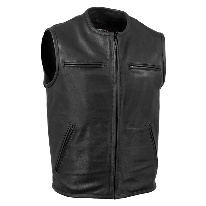 Milwaukee Leather men's black steerhide leather motorcycle vest with club style design, featuring front zipper and multiple pockets.