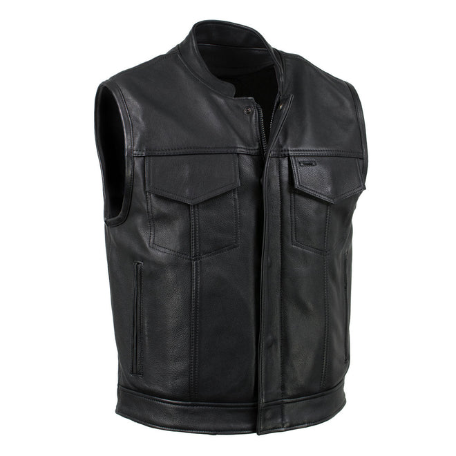 Milwaukee Leather men's black Chaos motorcycle vest with dual closure and premium leather, featuring visible stitching and metal hardware.