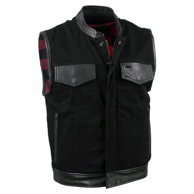 Milwaukee Leather men's black burn out denim and leather motorcycle vest with red plaid lining, front zipper and multiple pockets.