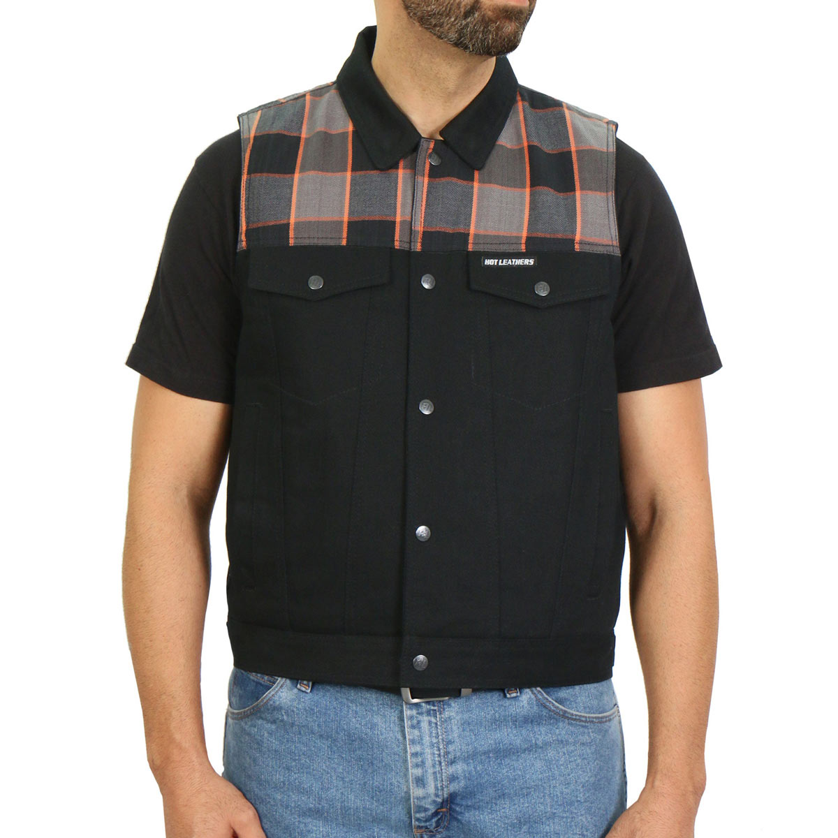 Hot Leathers men's 2-tone denim and flannel biker vest with club style design, featuring a classic sleeveless cut and detailed stitching.