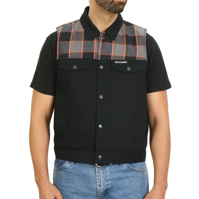 Hot Leathers men's 2-tone denim and flannel biker vest with club style design, featuring a classic sleeveless cut and detailed stitching.