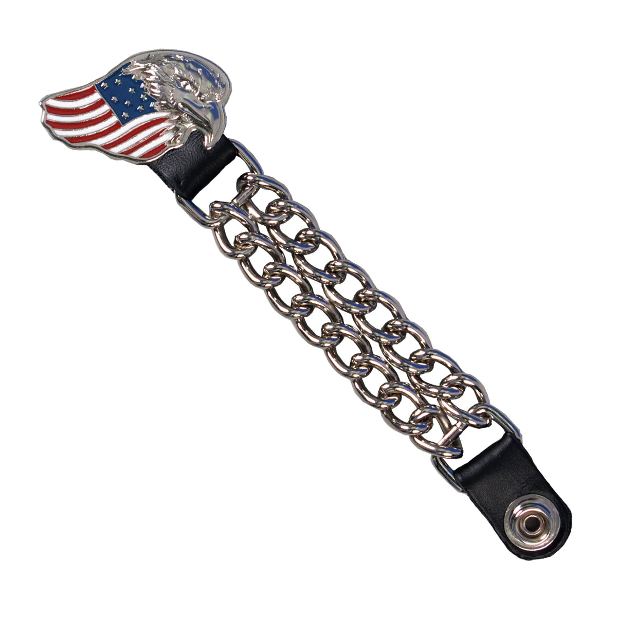 Hot Leathers 4-inch eagle flag vest extender, metallic clasp, designed to add length to motorcycle vests with eagle flag detail.