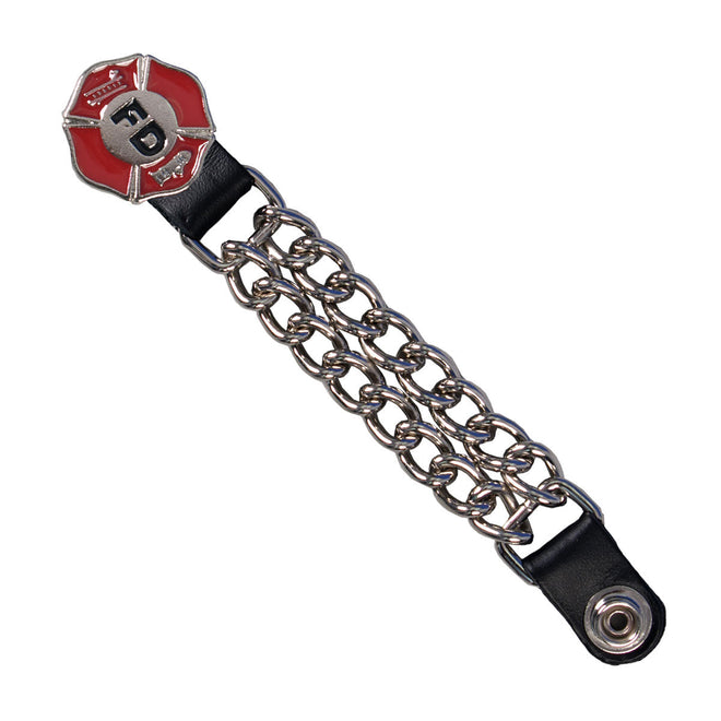 Milwaukee Leather 4-inch fire department motorcycle vest extender shown on a black vest, adjustable design for improved fit.