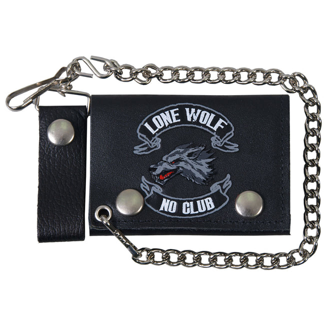 Black leather Lone Wolf tri-fold wallet with chain from Hot Leathers, featuring detailed stitching and sturdy metal chain attachment.