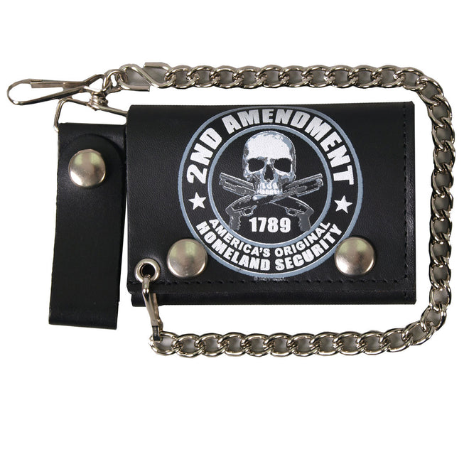 Hot Leathers 2nd Amendment tri-fold black leather wallet with chain, featuring embossed design and secure cash and card storage.