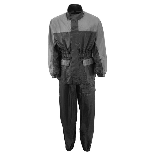 Milwaukee Leather NexGen Ladies XS5031 waterproof rain suit in grey and black with cinch sides, designed for weather protection.