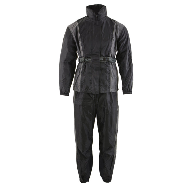 Milwaukee Leather women's waterproof rain suit in black and grey with reflective piping, designed for outdoor protection.