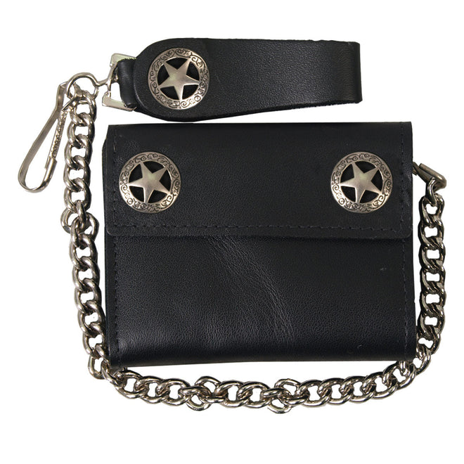 Hot Leathers Western Star black leather wallet with chain, featuring Western star design and secure metal chain attachment.