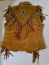 Brown women's western vest made of suede leather with Western-style design, displayed from the back.