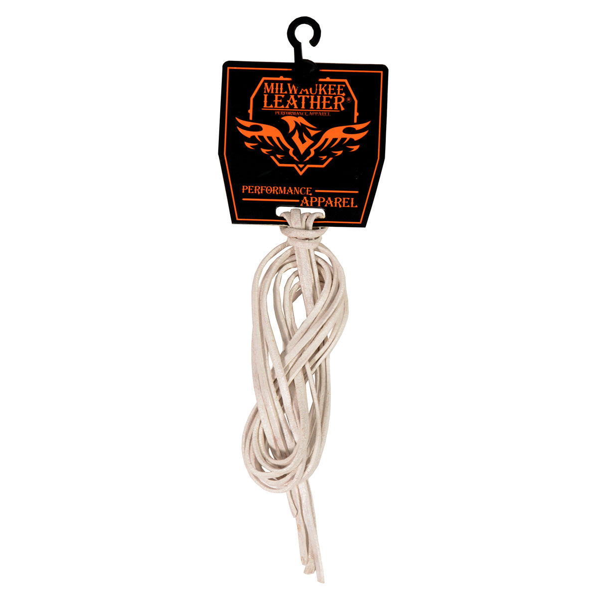White Milwaukee Leather MP7910 replacement leather side lacing, 72 inches long, shown in white leather with detailed lacing design.