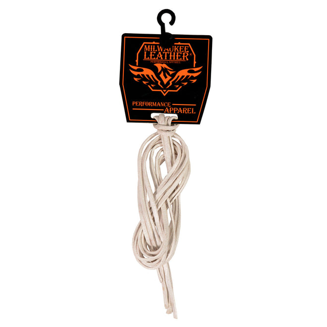 White Milwaukee Leather MP7910 replacement leather side lacing, 72 inches long, shown in white leather with detailed lacing design.
