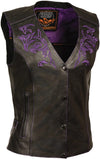 Milwaukee Leather women's black and purple wing studded leather vest, stylish sleeveless motorcycle vest with metal stud accents.