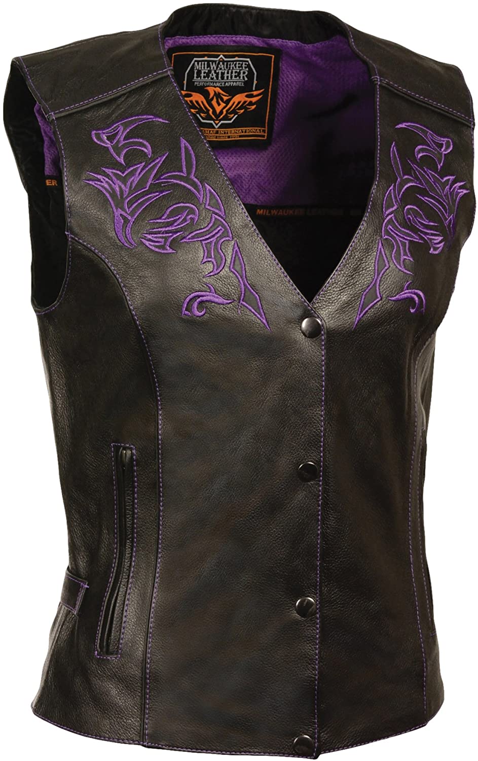 Milwaukee Leather women's black and purple wing studded leather vest, stylish sleeveless motorcycle vest with metal stud accents.